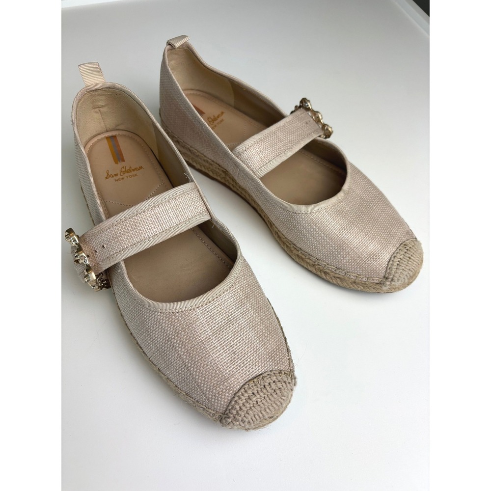 Sam Edelman Mackie Mary Jane Espadrille Flats Champagne Womens 10.5 Woven Buckle